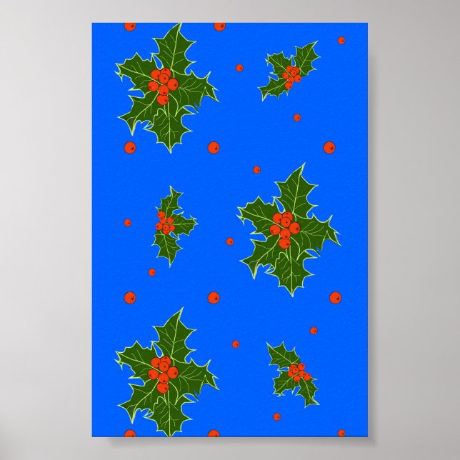Póster Motif de los Navidades Holly (Ilex) sobre fondo az (Frente)