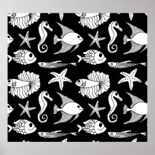 Póster Motif De Pescado: Patrón Blanco Negro.