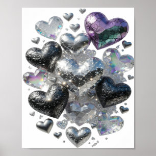 Póster Motivo Artístico Corazones y Cristales Plata Chic
