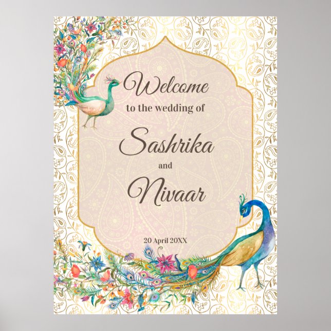 Póster Motivo de pavo real árabe boda indio bienvenido (Frente)