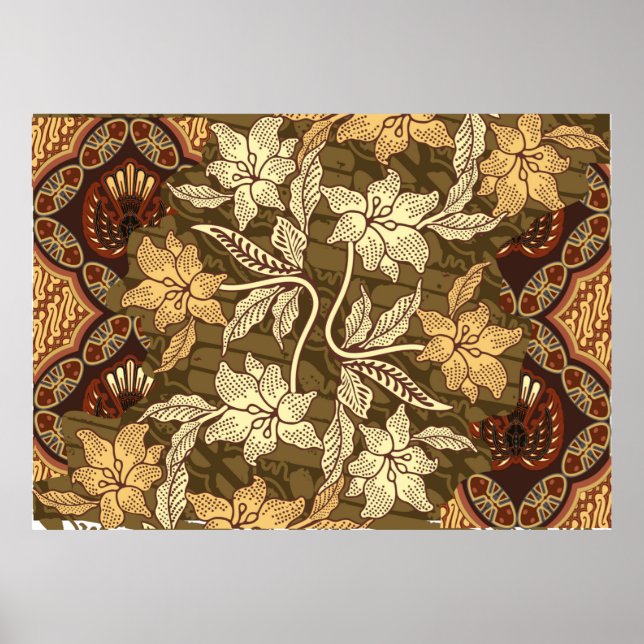 Póster Motivos de batik indonesio con flora y fauna (Frente)
