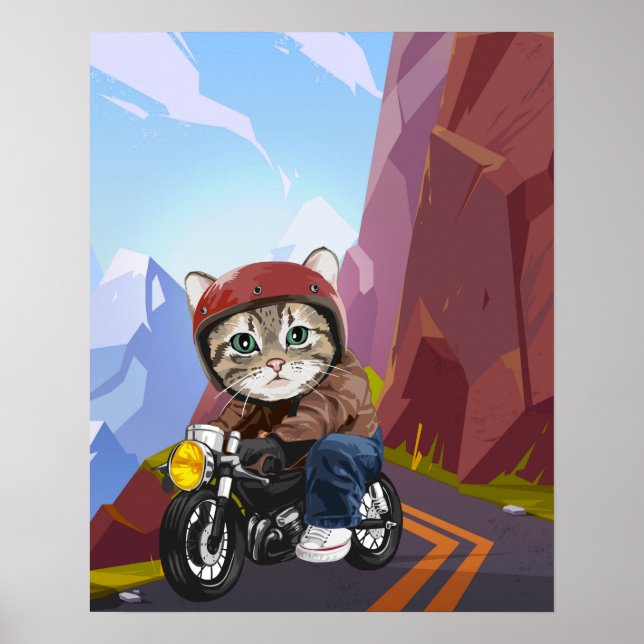 Póster Motocicleta De Gato En Poster De Montaña Road