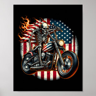 Póster Motocicleta de la bandera de EE. UU. Esqueleto de 