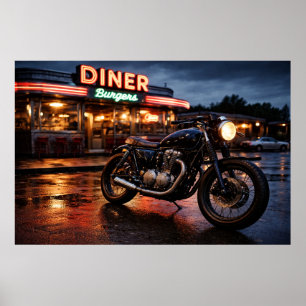 Póster Motocicleta Vintage y Diner Americano