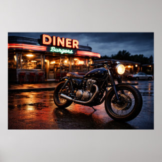Póster Motocicleta Vintage y Diner Americano