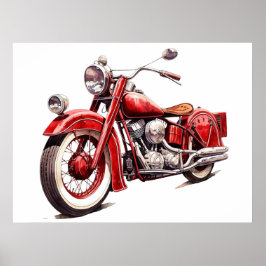 Póster Motocicleta Watercolor Vintage Red Classic