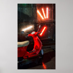 Póster Motociclismo rojo húmedo en la lluvia