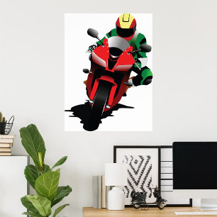 Póster Motociclista en bicicleta deportiva roja