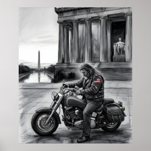 Póster Motociclista en el Monumento a Lincoln Memorial Wa