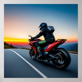 Póster Motociclista en la ruta panorámica de las montañas