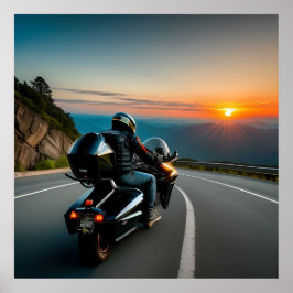 Póster Motociclista en la ruta panorámica de las montañas