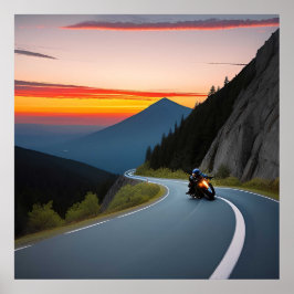 Póster Motociclista en la ruta panorámica de las montañas