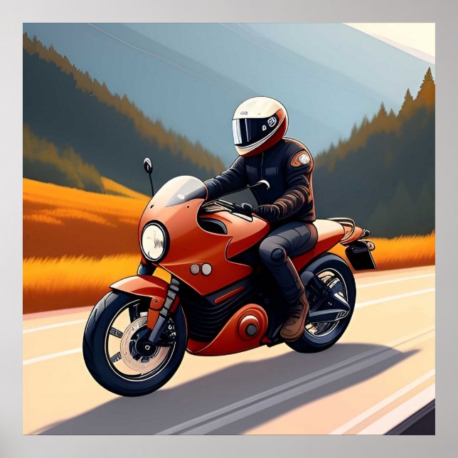 Póster Motociclista En Ruta De Las Montañas (Frente)