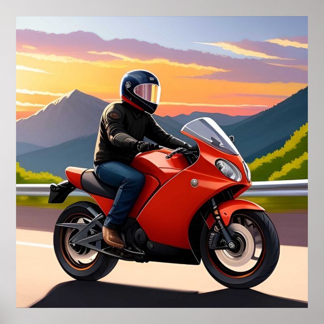 Póster Motociclista En Ruta De Las Montañas (Frente)