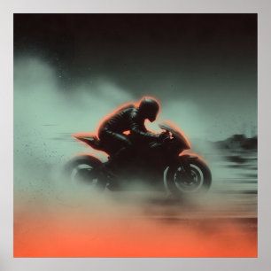 Póster Motociclista Neon en Lluvia y Niebla