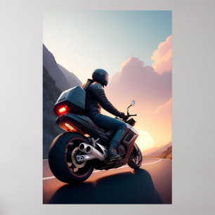 Póster Motociclista viajando por una carretera escénica