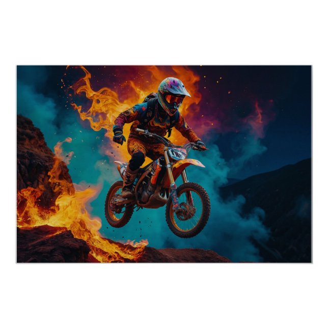 Póster Motocross Racer y erupción volcánica (Anverso)