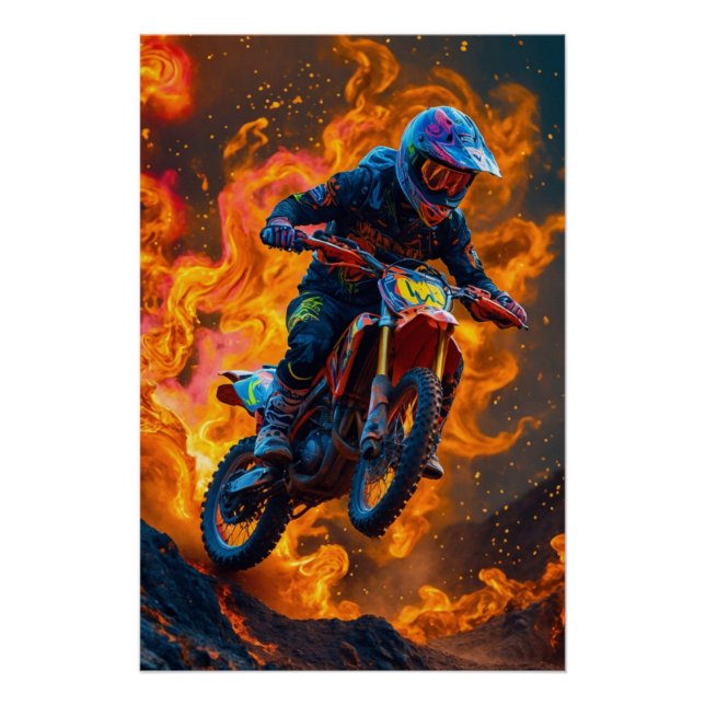Póster Motocross Rider sobre un volcán (Anverso)