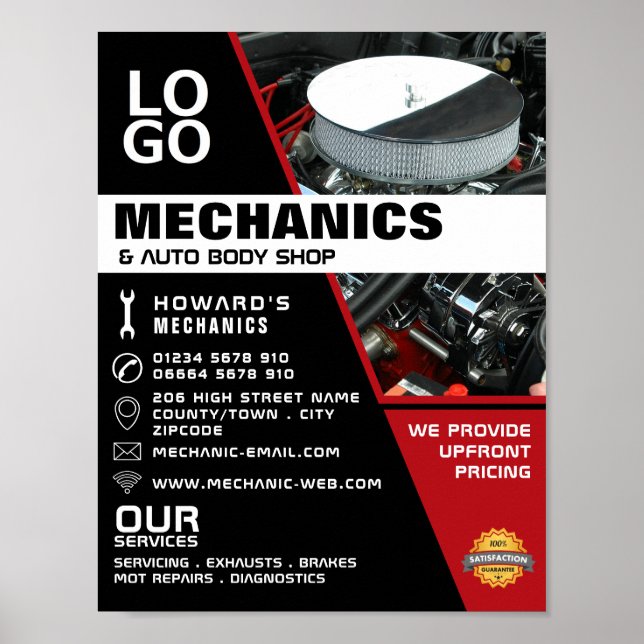 Póster Motor de automóvil, mecánica automática y publicid (Frente)