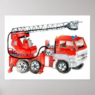 Póster Motor de bomberos rojos, ilustracion de camiones d