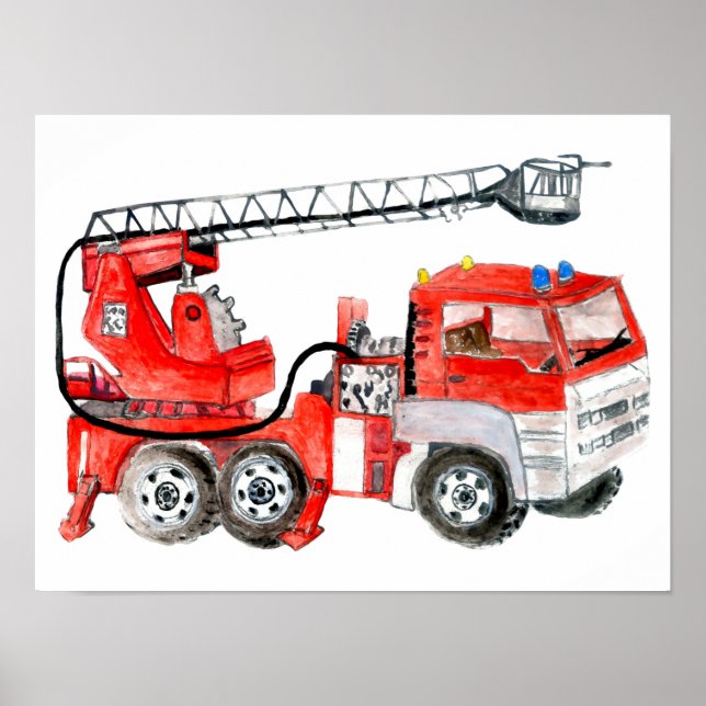 Póster Motor de bomberos rojos, ilustracion de camiones d (Frente)
