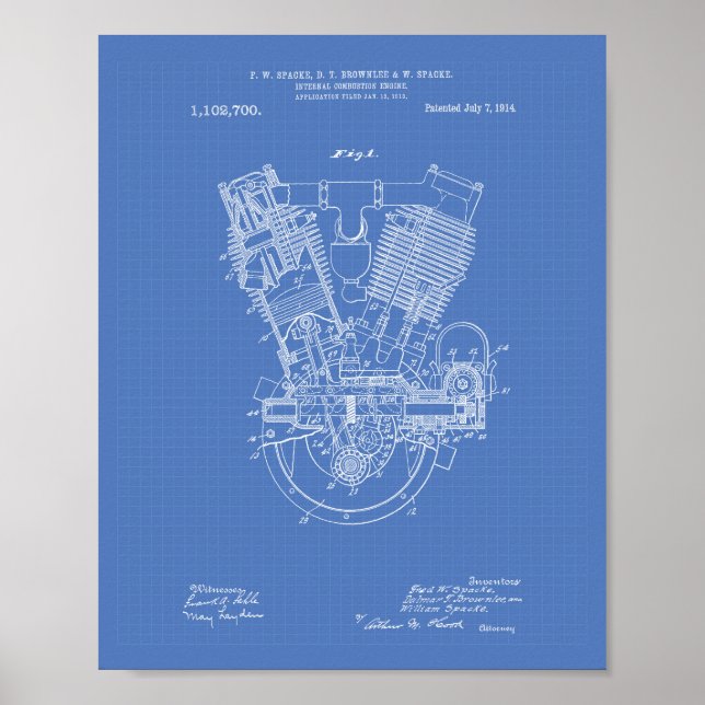 Póster Motor de combustión interna 1914 Patent Blueprint (Frente)