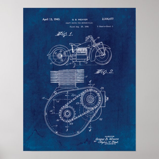 Póster Motorcycle Shaft Drive 1943 Patent Blueprint (Frente)
