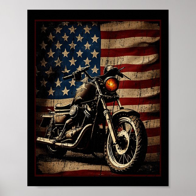Póster Motorcycle Usa Flag Retro Biker  (Frente)