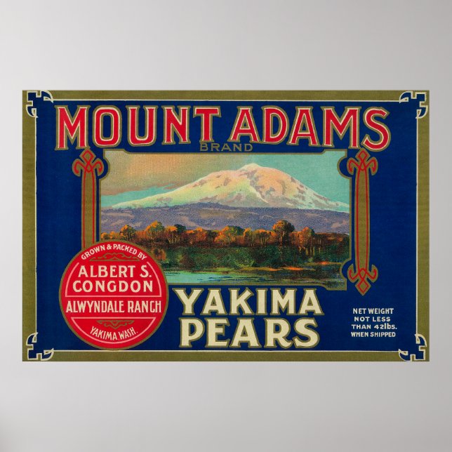 Póster Mount Adams Pear Crate LabelYakima, WA (Frente)