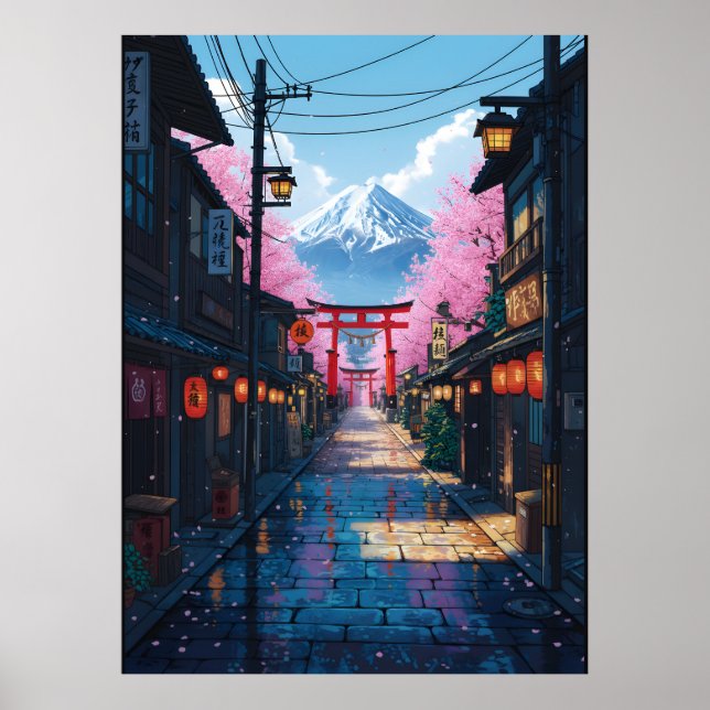 Póster Mount Fuji Cherry Blossom Street Japanese Torii (Frente)