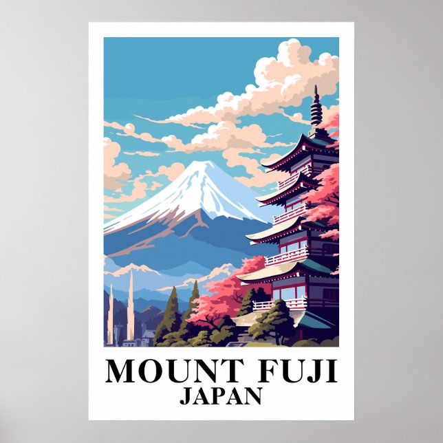 Póster Mount Fuji Japan Vintage Travel Pagoda Art  (Frente)