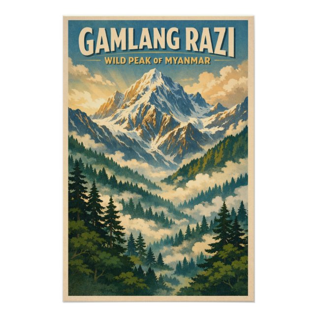 Póster Mount Gamlang Razi, Myanmar retro travel (Anverso)
