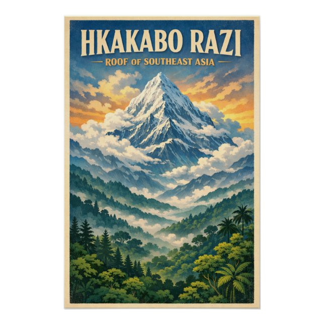 Póster Mount Hkakabo Razi, Myanmar retro travel (Anverso)