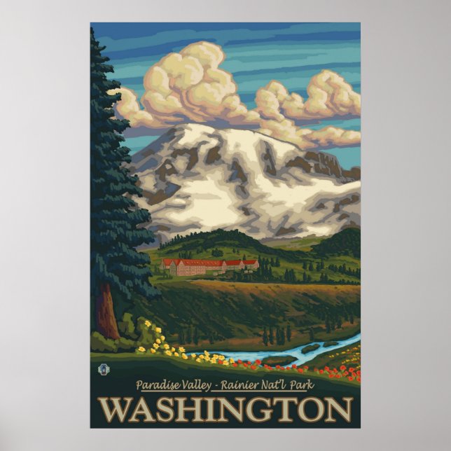 Póster Mount Rainier - Paradise Inn Lodge - Afiche de via (Frente)