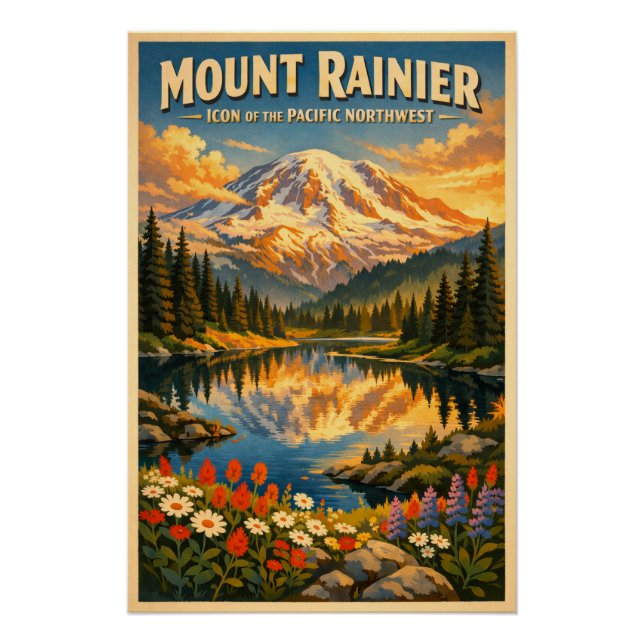 Póster Mount Rainier, Washington, USA, in a classic retro (Anverso)