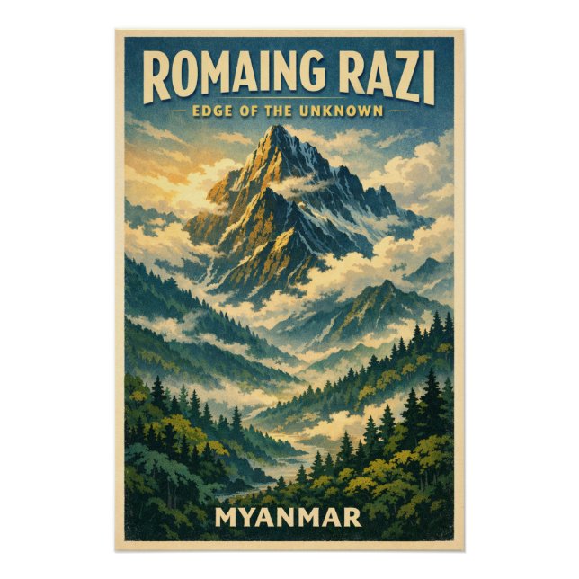 Póster Mount Romaing Razi, Myanmar retro travel (Anverso)