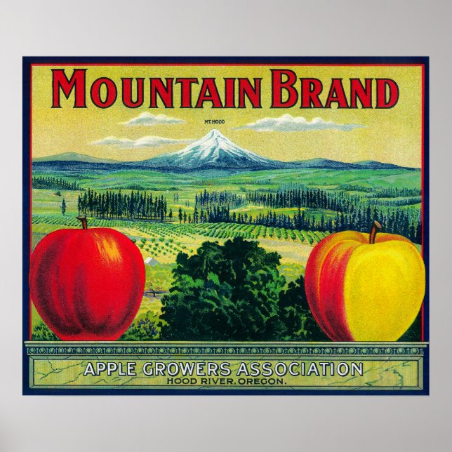 Póster Mountain Apple Crate LabelHood River, OR (Frente)
