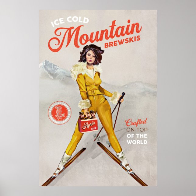 Póster "Mountain Brewskis" Guay Retro Ski Pinup Art (Frente)