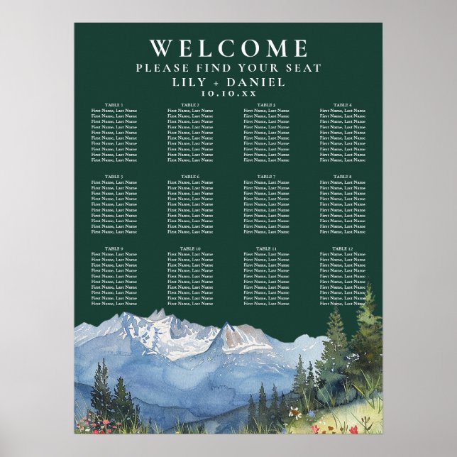 Póster Mountain Floral Emerald Wedding Seating Chart (Frente)
