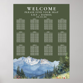 Póster Mountain Floral Olive Green Wedding Seating Chart