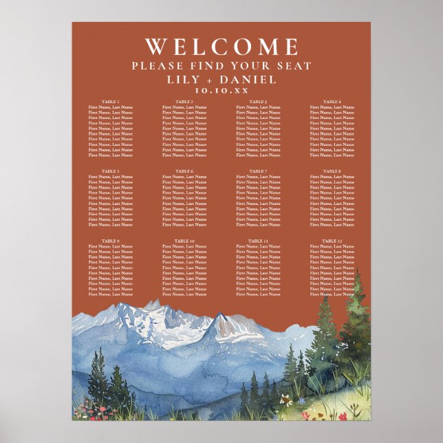 Póster Mountain Floral Terracotta Wedding Seating Chart (Frente)