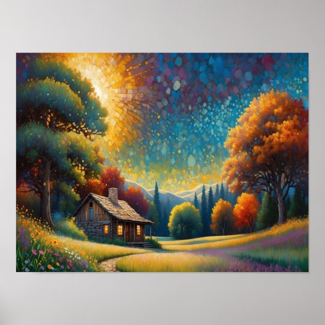 Póster Mountain Forest Cabin Art (Frente)