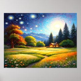 Póster Mountain Forest Cabin Art