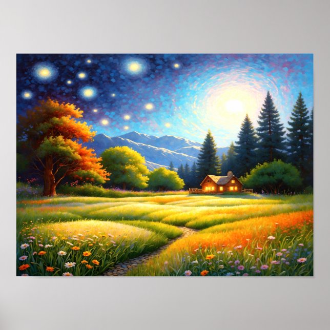 Póster Mountain Forest Cabin Art (Frente)