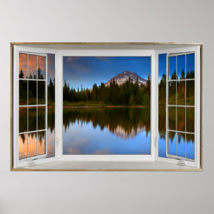 Póster Mountain Lake Reflections Fake Window Illustration