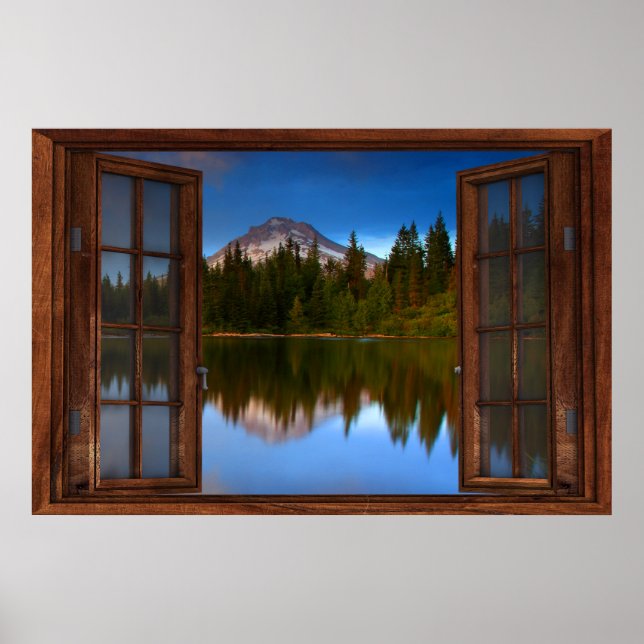 Póster Mountain Lake Reflections Fake Window Illustration (Frente)