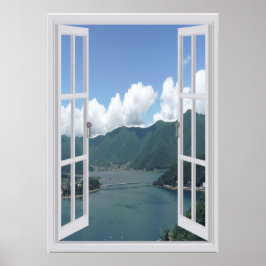 Póster Mountain Lake Trompe l'oeil Faux Window