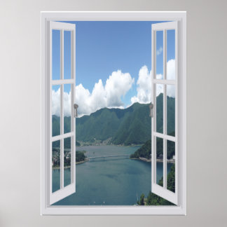 Póster Mountain Lake Trompe l'oeil Faux Window