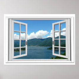 Póster Mountain Lake View Trompe l'oeil Fake Window