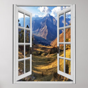 Póster Mountain Peaks View Trompe l'oeil Fake Window